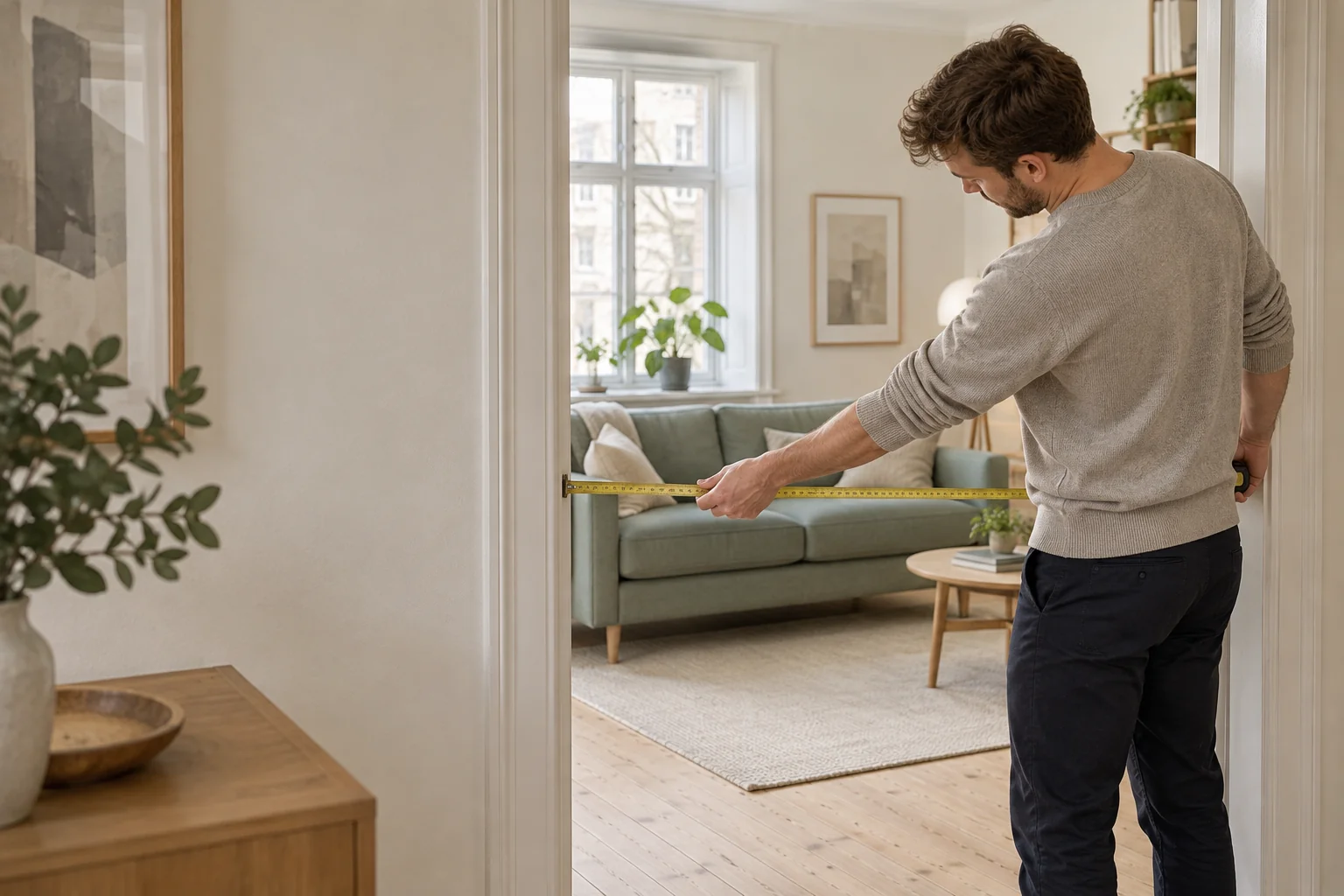 Illustrativ opmåling af en døråbning med en sofa i rummet bagved