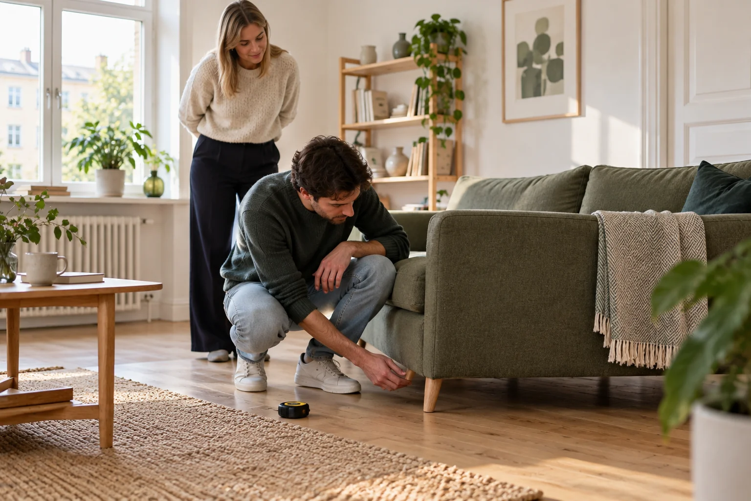 En køber undersøger et aftageligt ben på en brugt sofa hos sælgeren