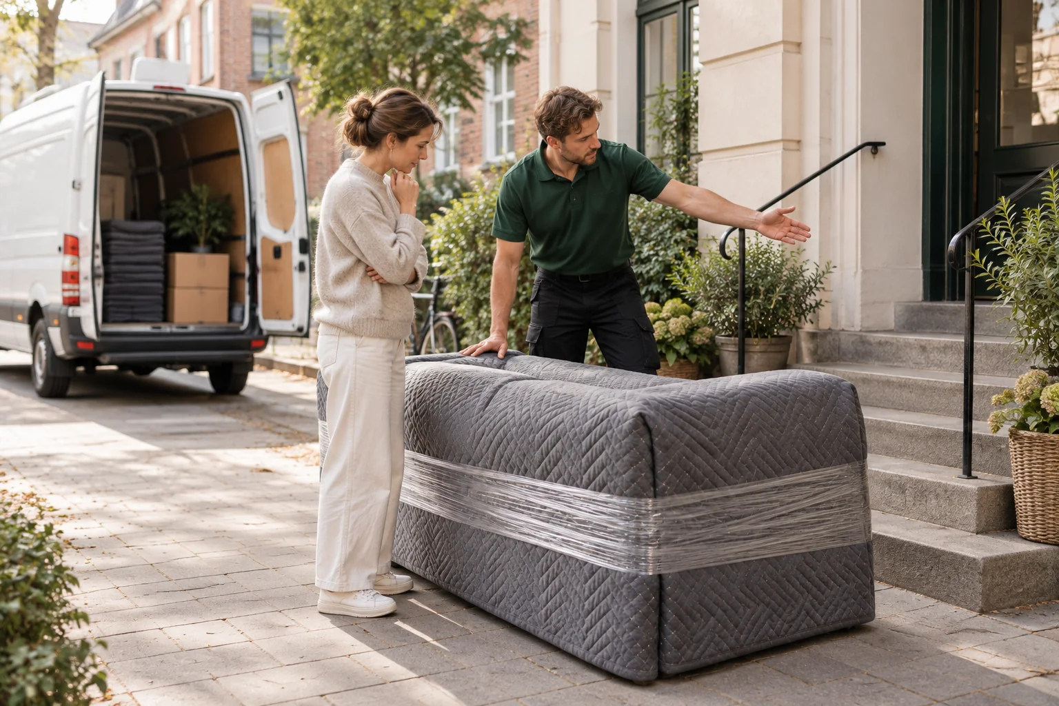 Kunde og chauffør planlægger transport af en indpakket sofa ved en trappe
