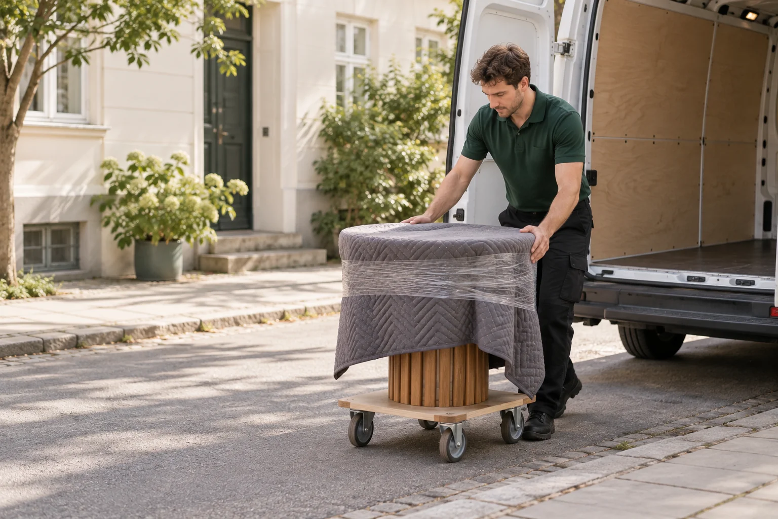 A single protected wooden table on a furniture dolly beside an open van