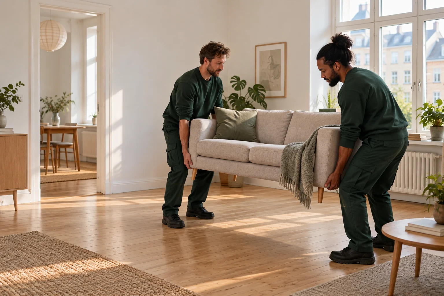 Two moving helpers reposition a sofa inside an apartment