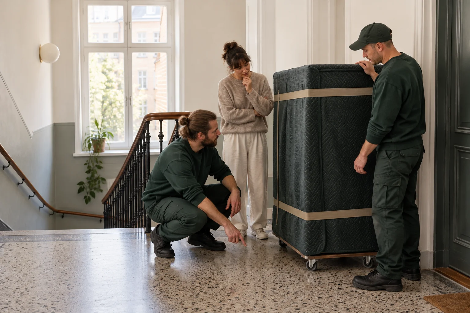 Two movers and a customer assess the space around a protected cabinet on a landing