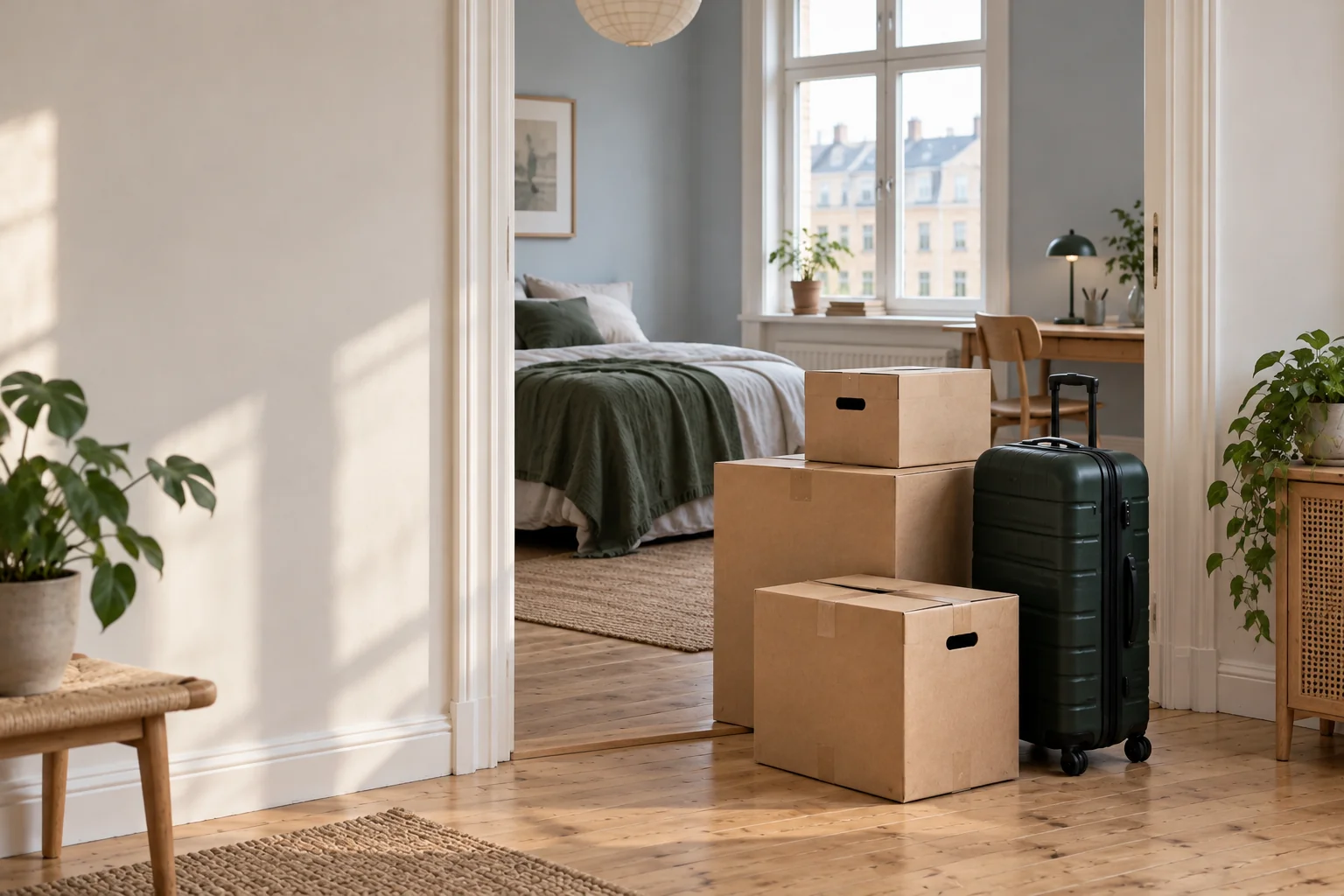 Personal boxes and a suitcase are packed while the bed and desk remain in the room