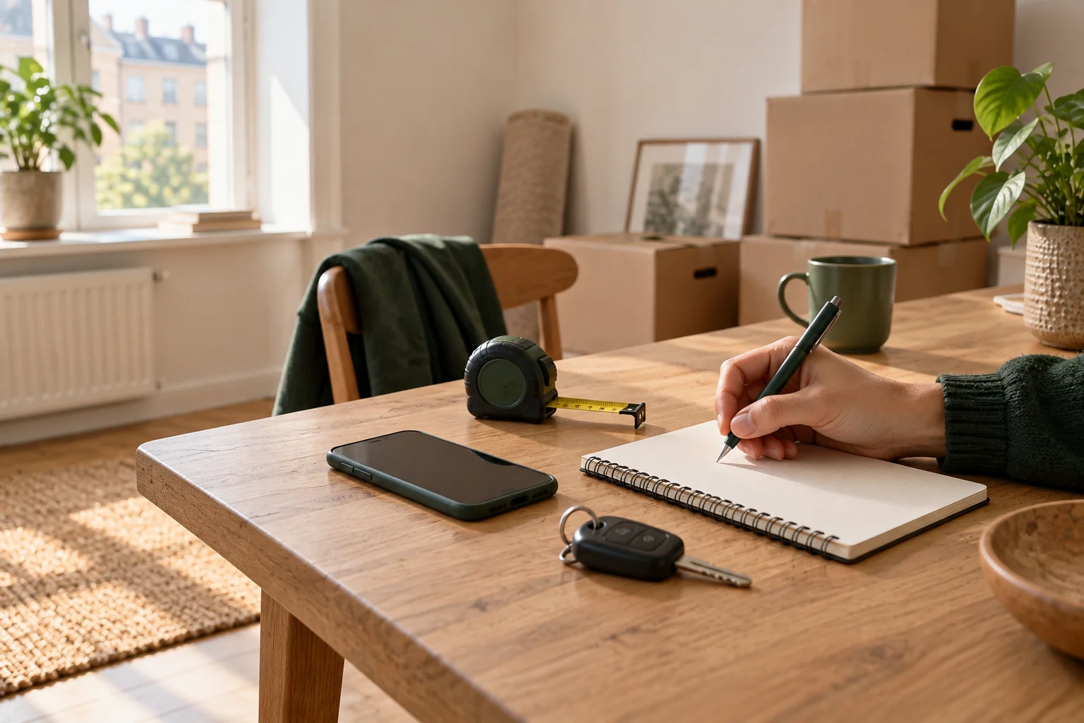 A van key, phone and tape measure lie beside a moving planning notebook