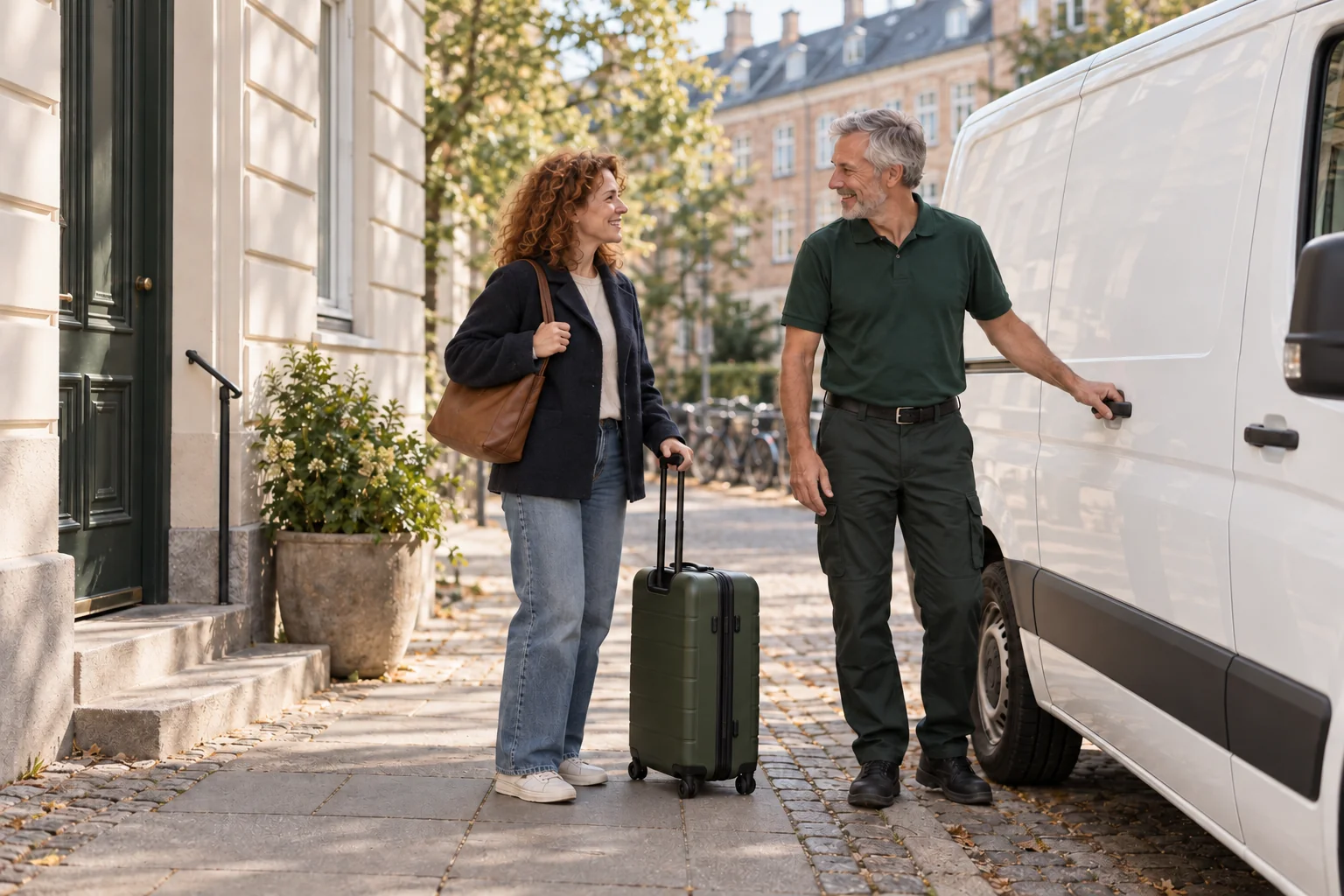 A customer with a suitcase meets the driver beside a van