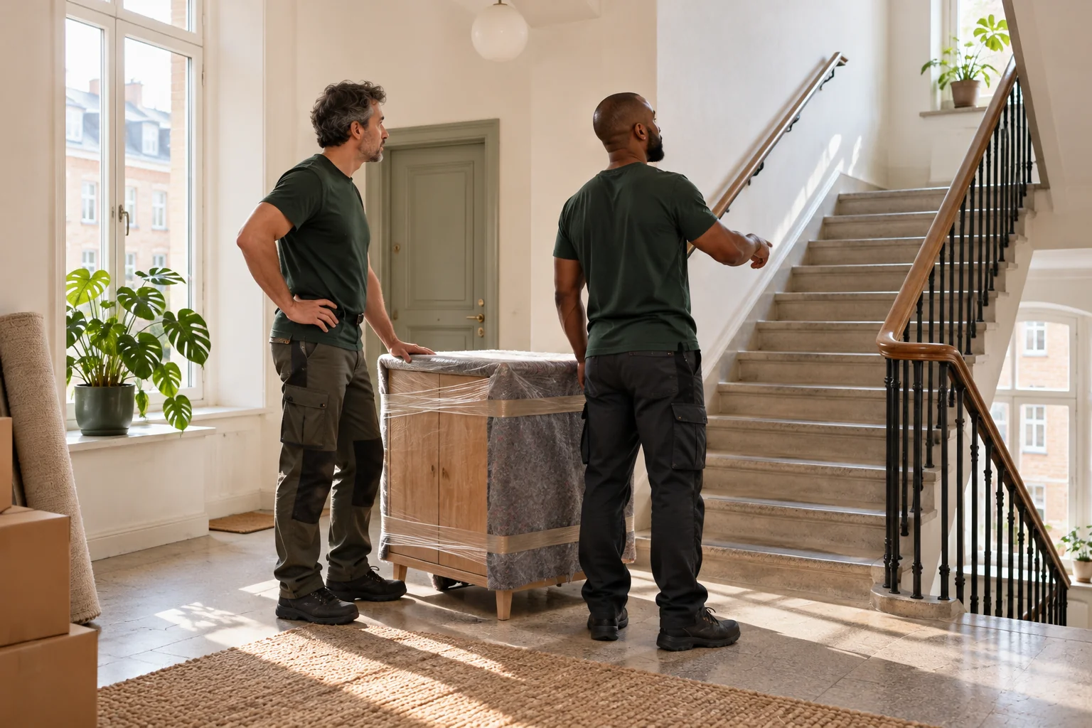 Two movers assess the stairs beside protected furniture on a landing