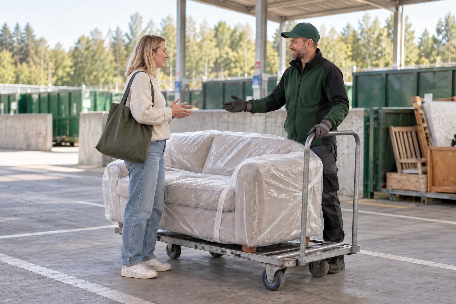 En kunde taler med en medarbejder ved en brugt sofa på genbrugspladsen