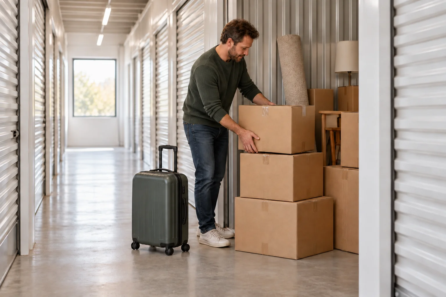 A suitcase kept separate from moving boxes beside a storage unit
