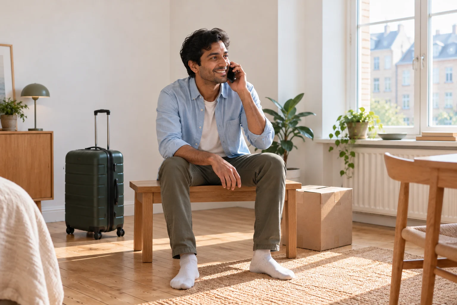 A customer calls support while planning a move with a suitcase and boxes