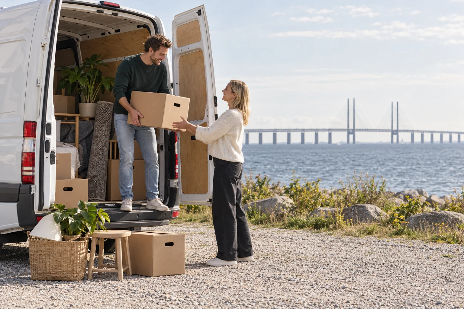 Illustration af en møbeltransport med en varevogn og en bro i baggrunden