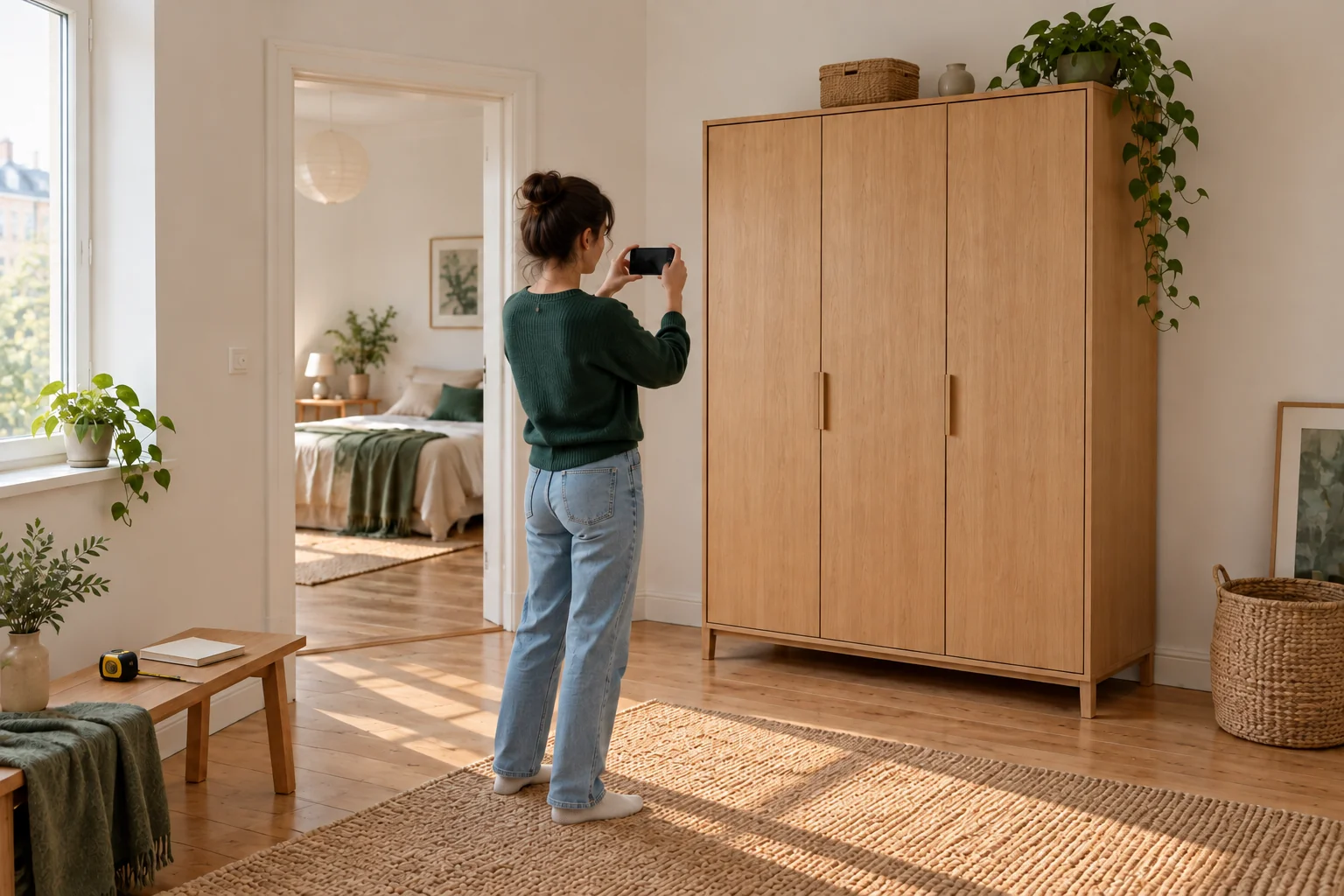 En kunde fotograferer et skab før flytningen med døråbningen synlig ved siden af