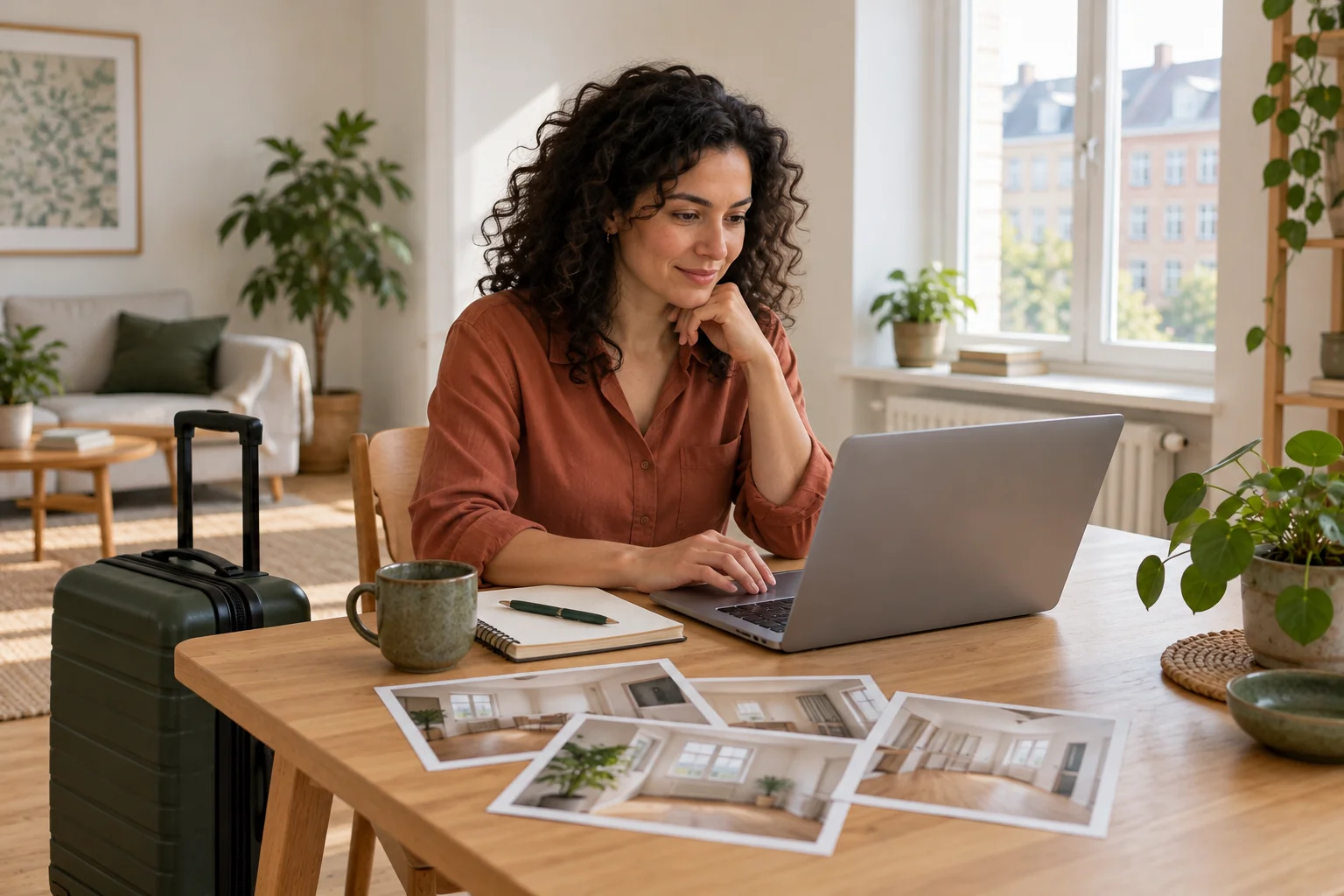 A customer plans a move remotely with a laptop, room photos and suitcase
