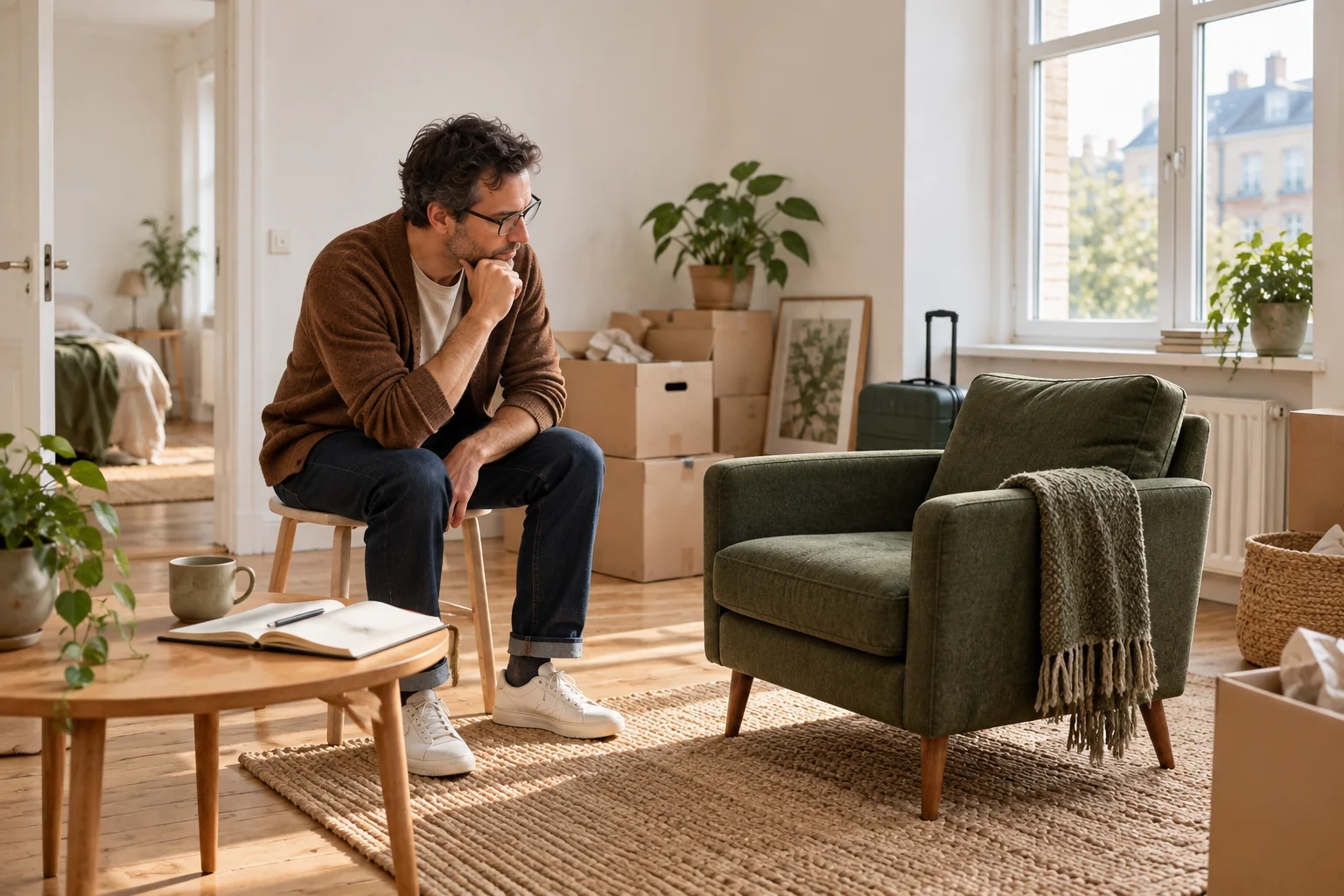 A customer considers an armchair beside a suitcase and moving notes