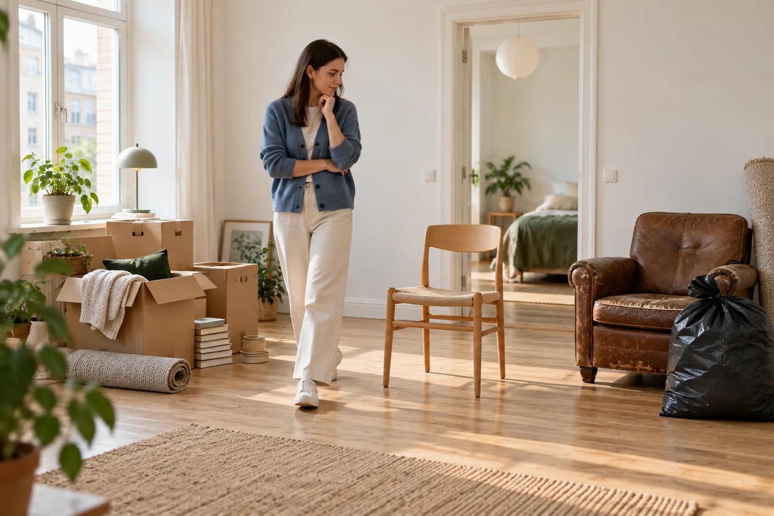 A resident sorts furniture and packed belongings before leaving Denmark