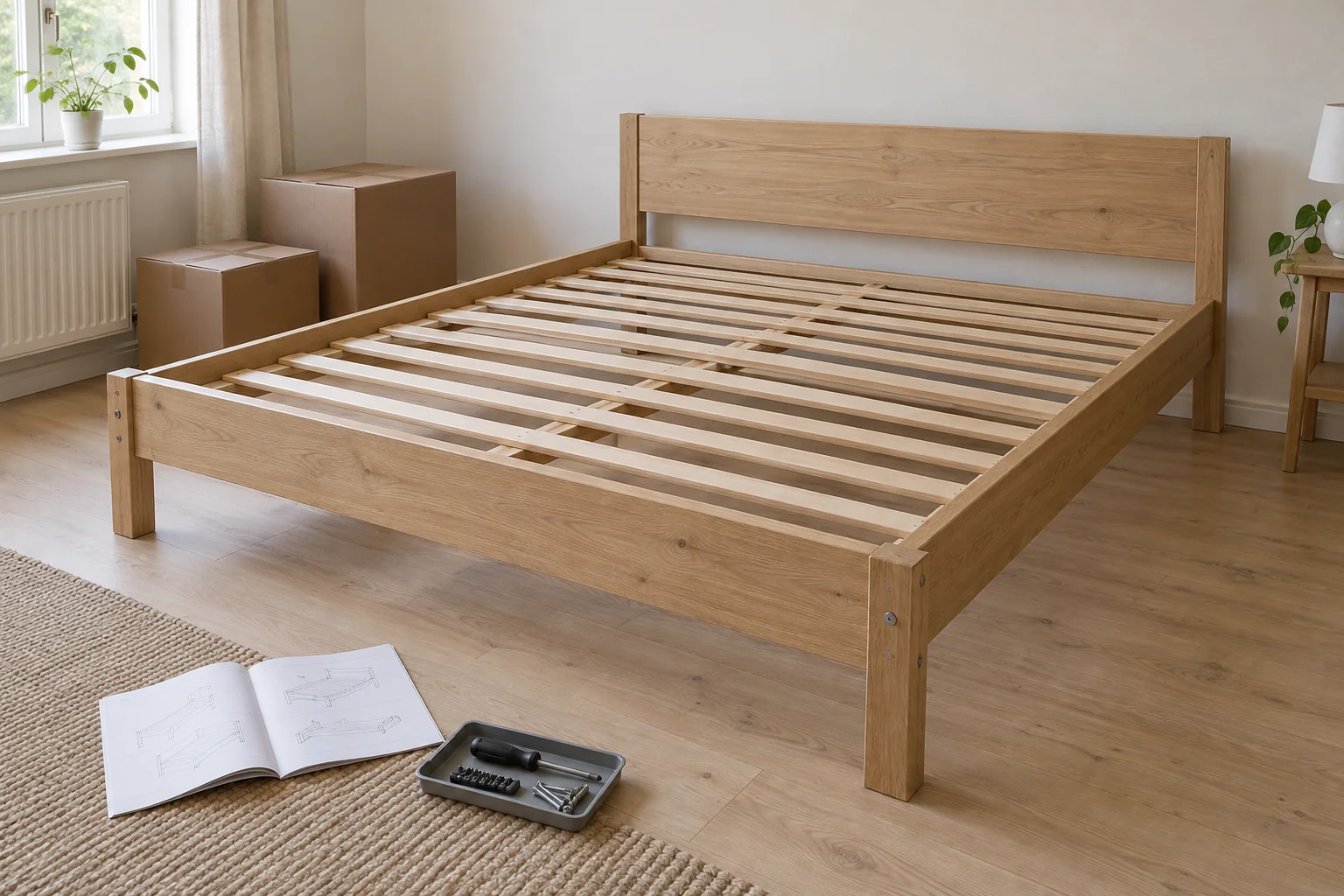 An empty bed frame with slats, instructions and tools ready