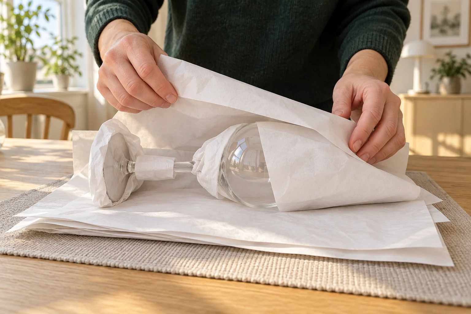 A supported wine glass is wrapped with protection around its stem, base and bowl