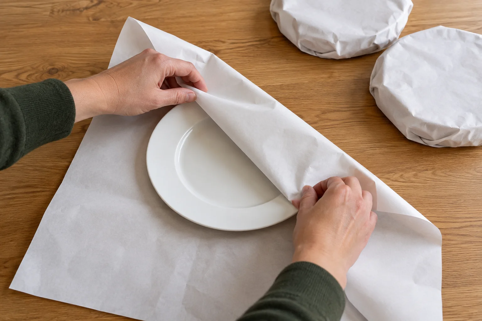 Hands fold clean paper around one ceramic dinner plate