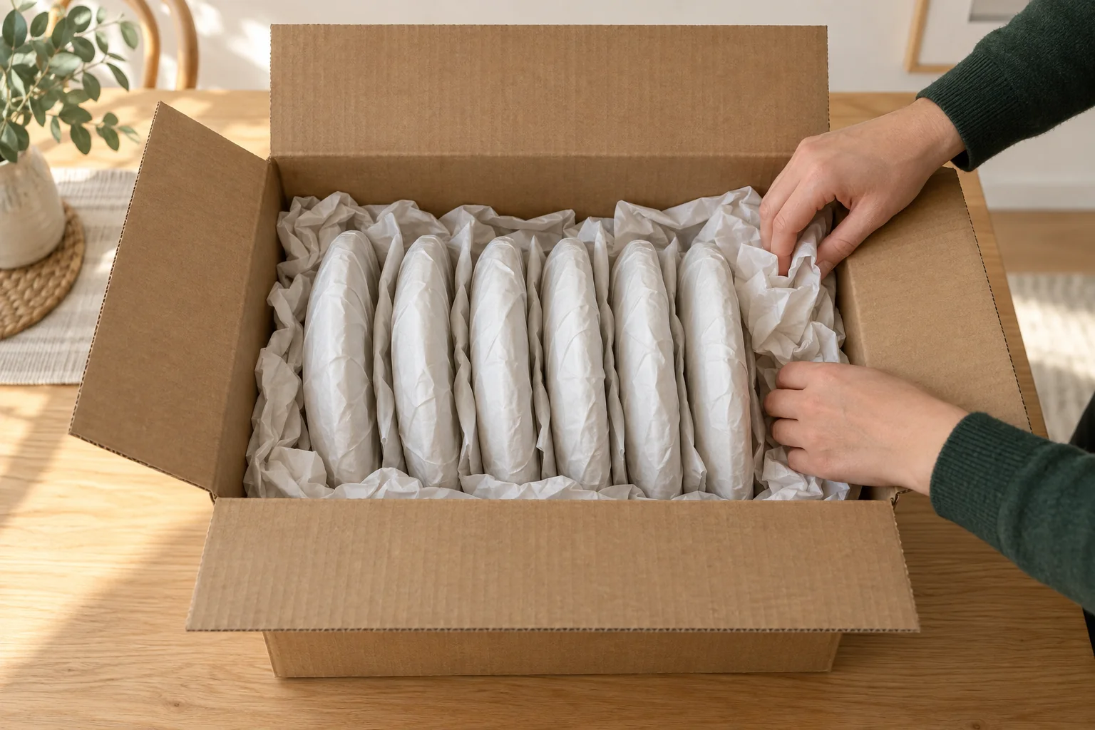 Individually wrapped plates stand on edge inside a cushioned box