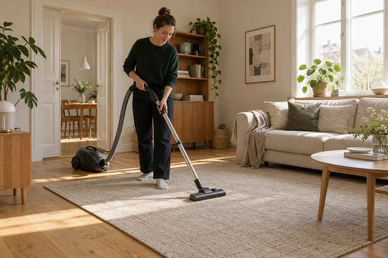 A clean rug being vacuumed before packing
