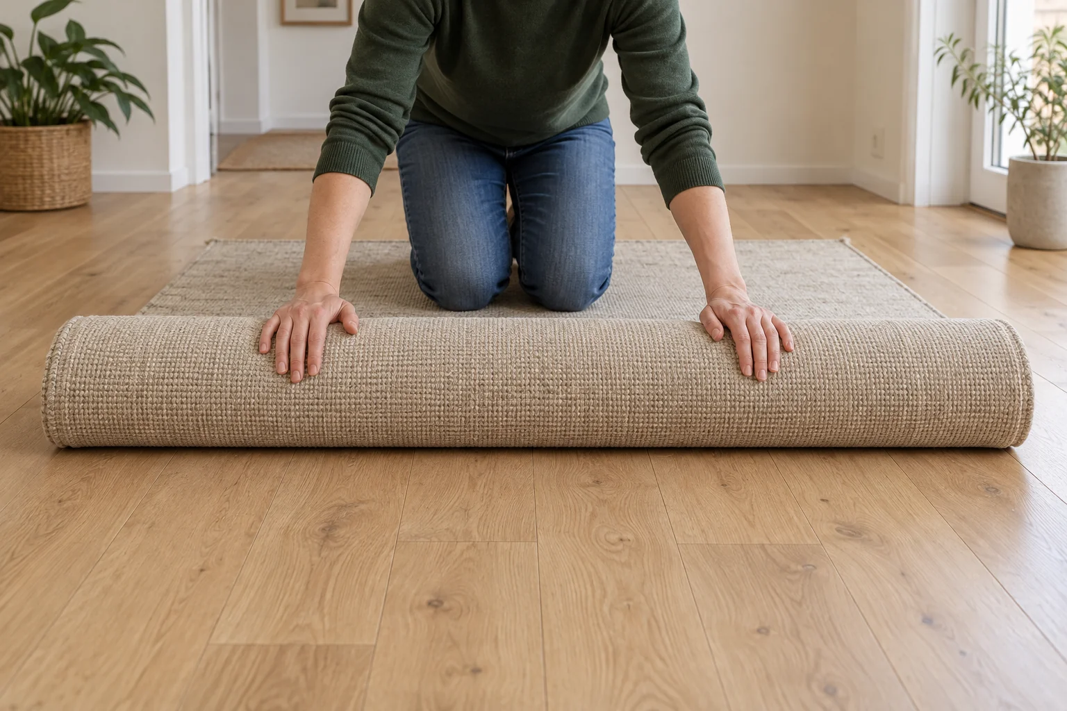 A flat-woven rug being rolled evenly on a clear floor
