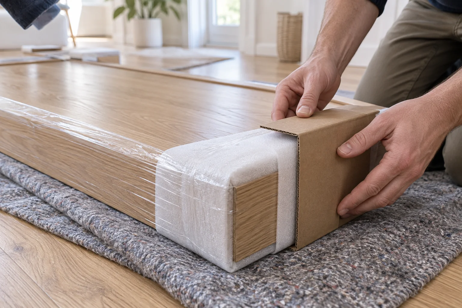 Cardboard is fitted over padding at the corner of a wardrobe panel