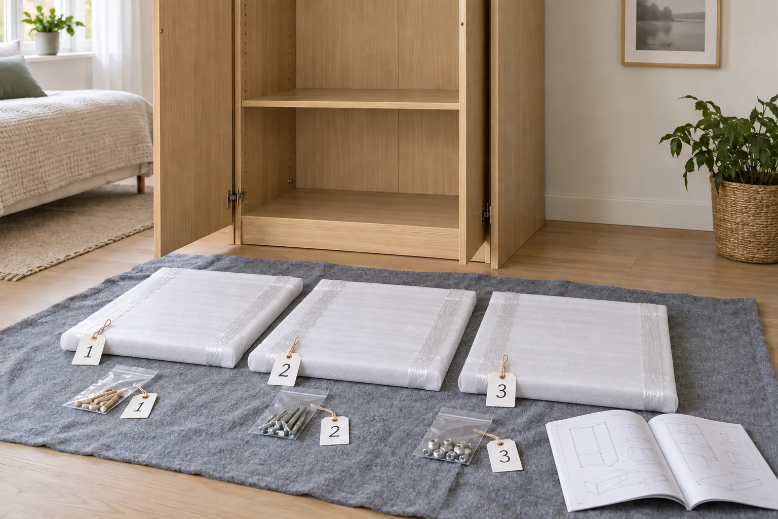 Protected wardrobe shelves with numbered labels and separate bags of fittings