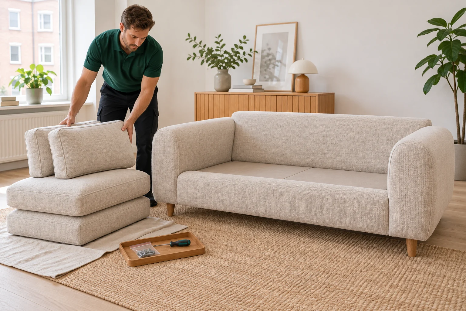 Loose cushions removed from a light-coloured sofa and gathered beside it
