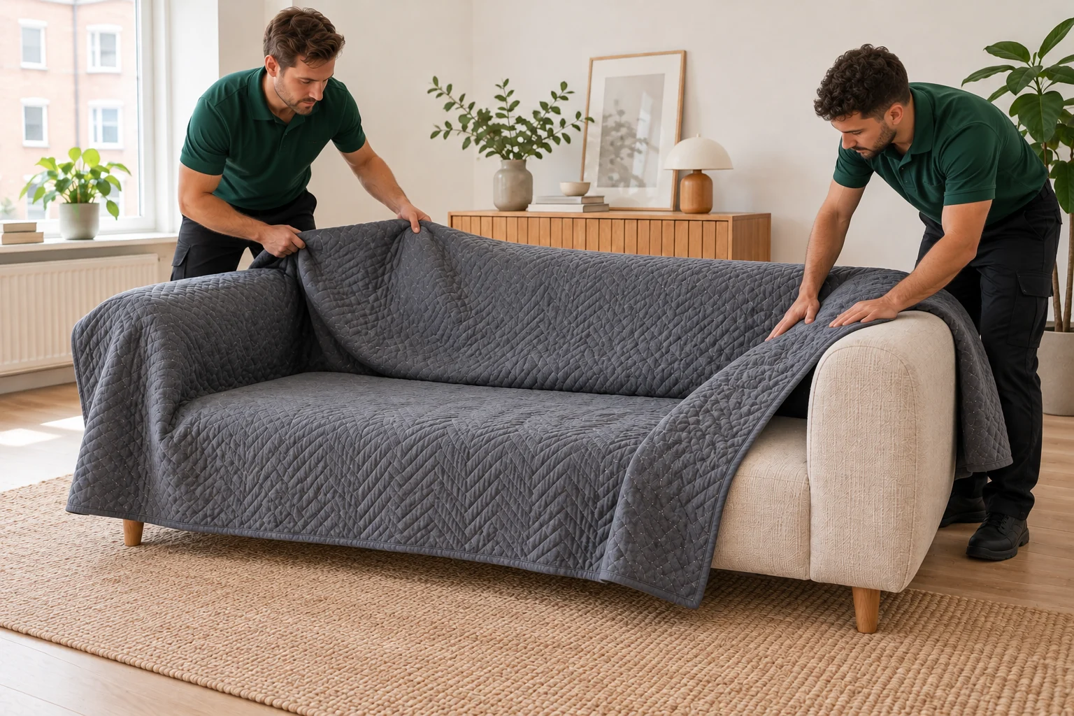 Two people place clean grey moving blankets over the sofa's back, seat and arms