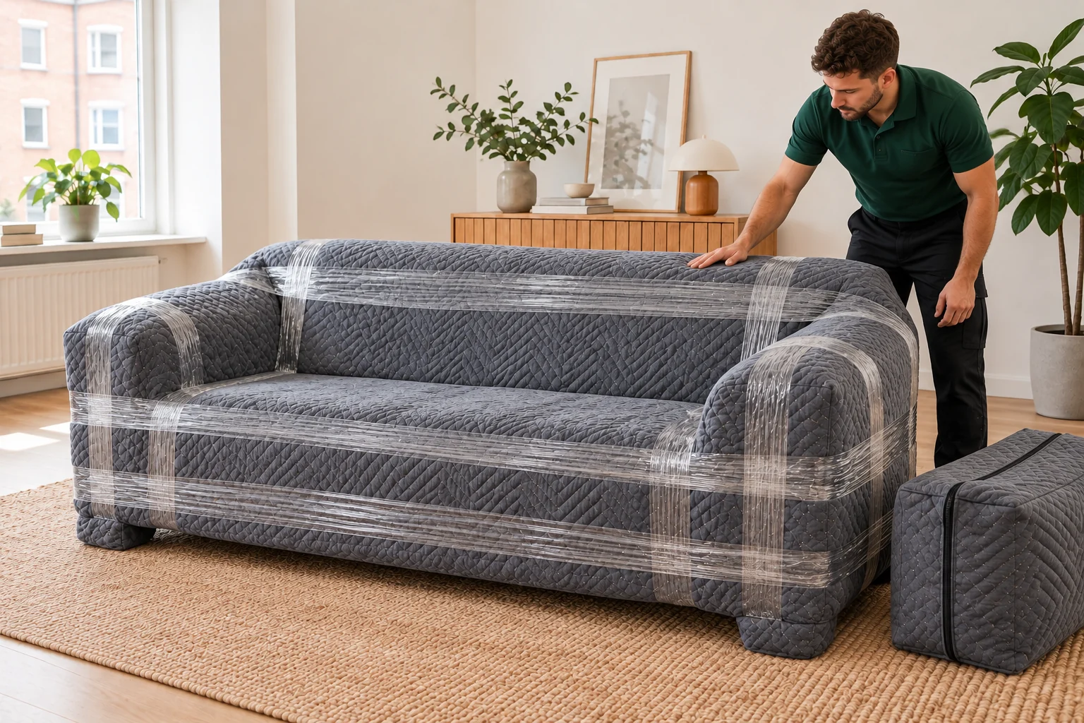The sofa's surfaces and legs covered with moving blankets secured by outer stretch film