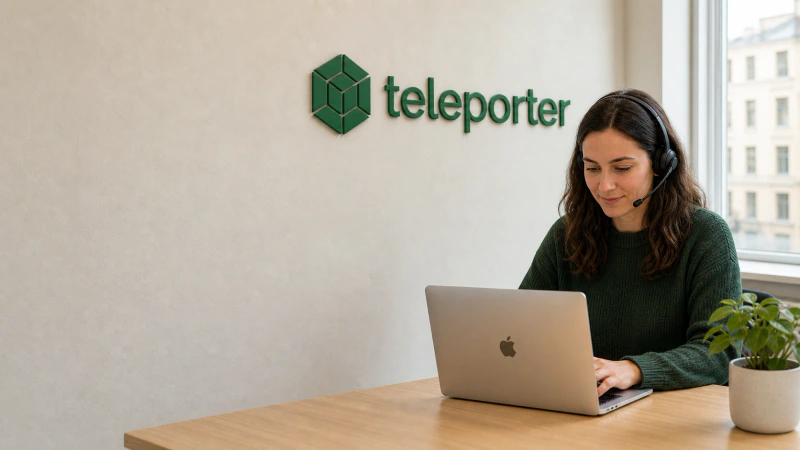 Teleporter-supportspecialist med headset ved en MacBook i et lyst kontor