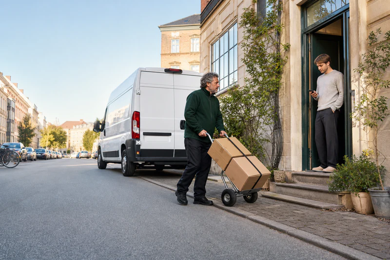 Teleporter-chauffør ankommer til tiden med flyttekasser