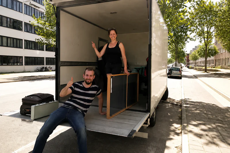Barbora og en ledsager ved en flyttebil med møbler efter flytningen
