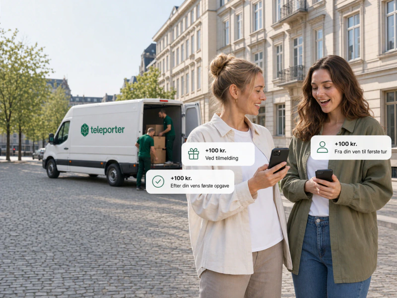 To veninder med telefoner og tre bonusnotifikationer foran en Teleporter-kassevogn i København